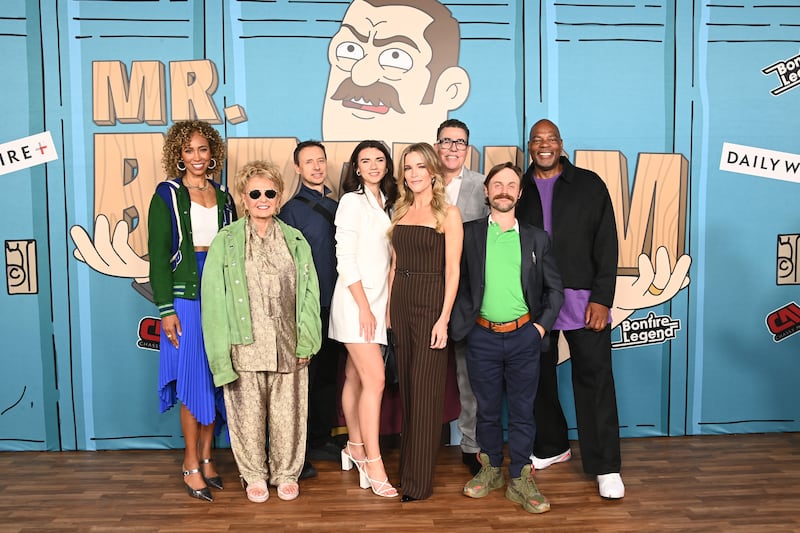 Sage Steele, Roseanne Barr, Kyle Dunnigan, Brett Cooper, Megyn Kelly, Adam Carolla, Tyler Fischer and Alonzo Bodden attend the Mr. Birchum Series Premiere in Los Angeles in 2024.
