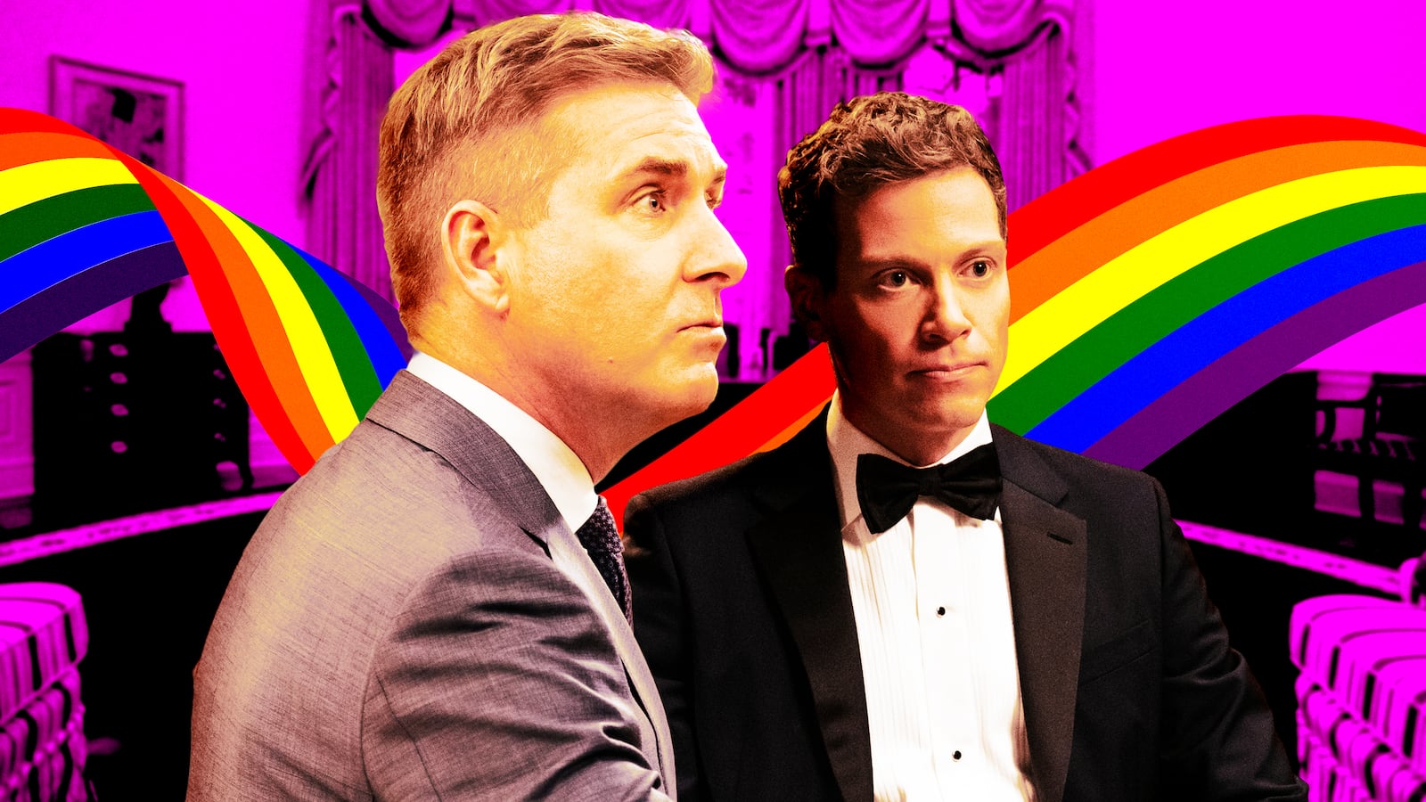 Paul Fitzgerald as President Perry Morgan, and Barrett Foa as Elliot Morgan in The Residence.