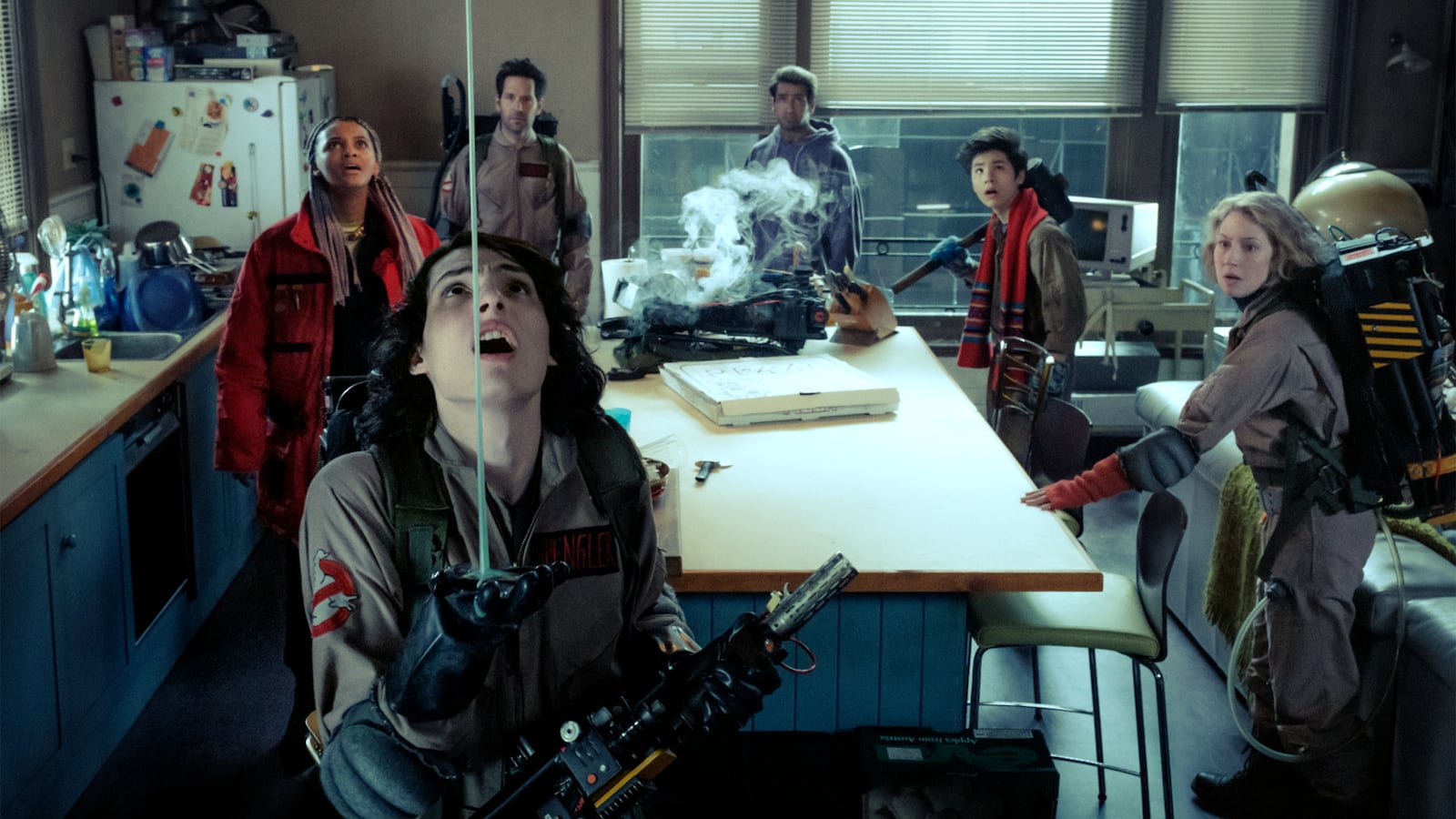 Finn Wolfhard, Celeste O’Connor, Paul Rudd, Kamail Nanjiani, Logan Kim and Carrie Coon in Ghostbusters: Frozen Empire.
