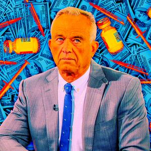 A photo illustration of RFK Jr., money, and broken vaccines.
