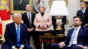 Donald Trump, U.S. National Security Adviser Michael Waltz, White House Chief of Staff Susie Wiles, U.S. Vice President JD Vance, and U.S. Secretary of Defense Pete Hegseth, listen as Israeli Prime Minister Benjamin Netanyahu speaks during a meeting in the Oval Office.