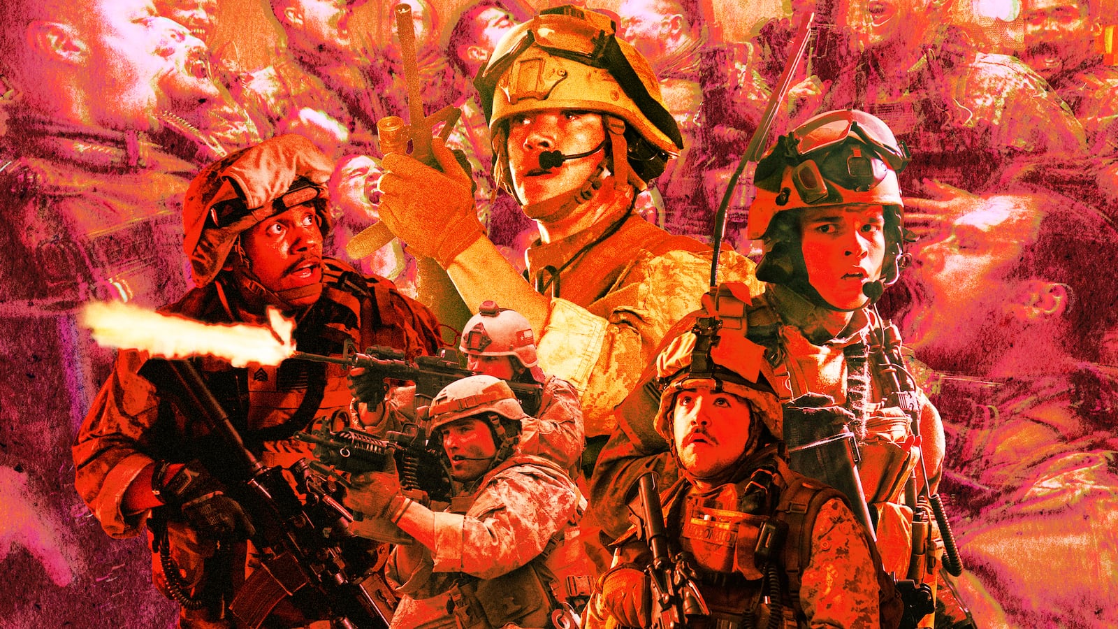 A photo illustration of Adain Bradley, Will Poulter, D’Pharaoh Woon-A-Tai, and Michael Gandolfini in "Warfare."