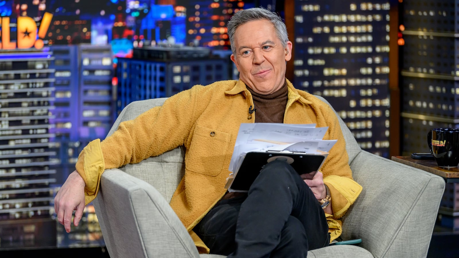 NEW YORK, NEW YORK - JANUARY 22: Host Greg Gutfeld appears during Former 2024 presidential candidate Vivek Ramaswamy's visit to "Gutfeld!" at Fox News Channel Studios on January 22, 2024 in New York City. (Photo by Roy Rochlin/Getty Images)