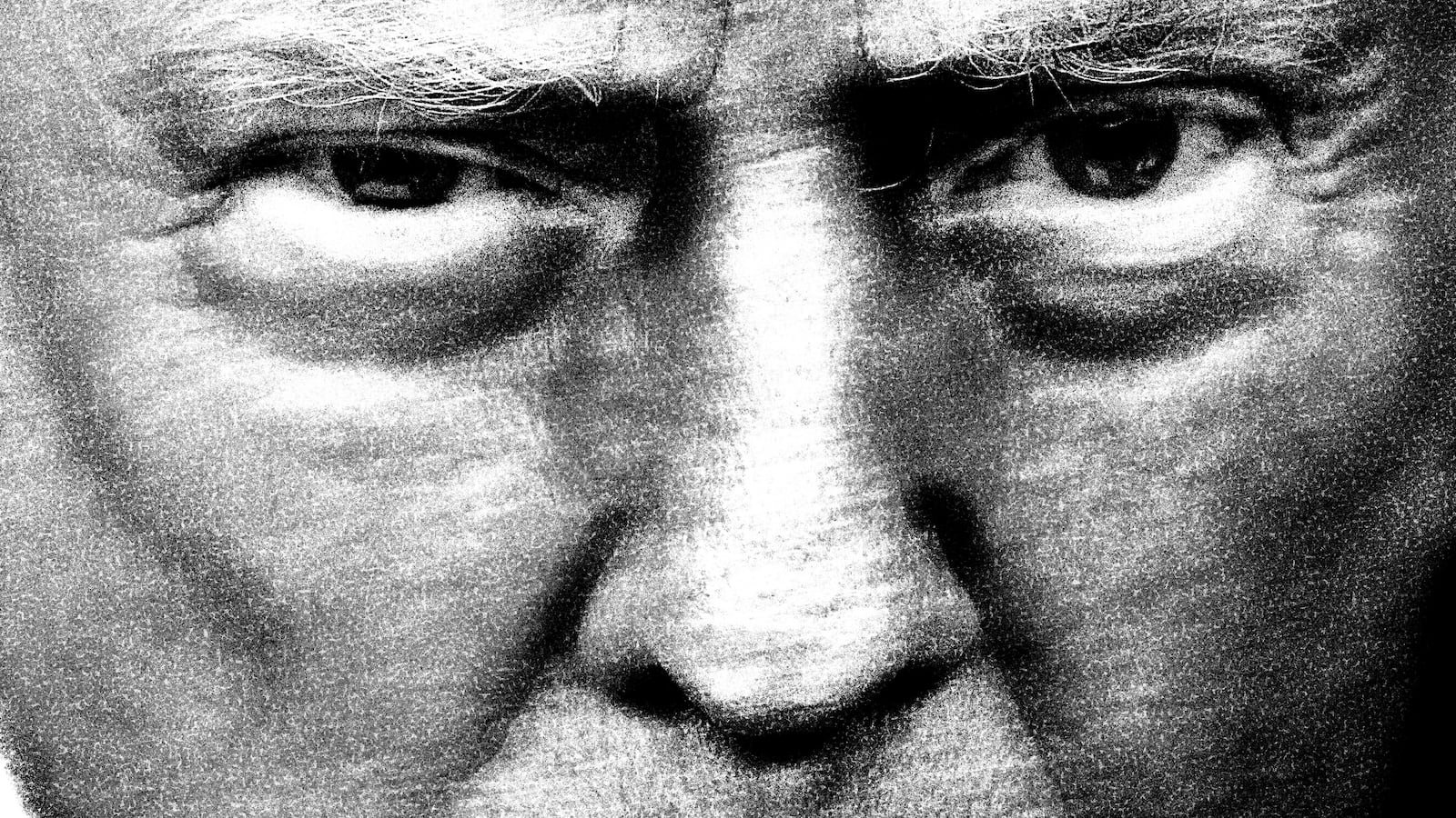 Black and white close up photograph of Donald Trump with an intense stare