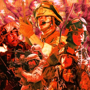A photo illustration of Adain Bradley, Will Poulter, D’Pharaoh Woon-A-Tai, and Michael Gandolfini in "Warfare."