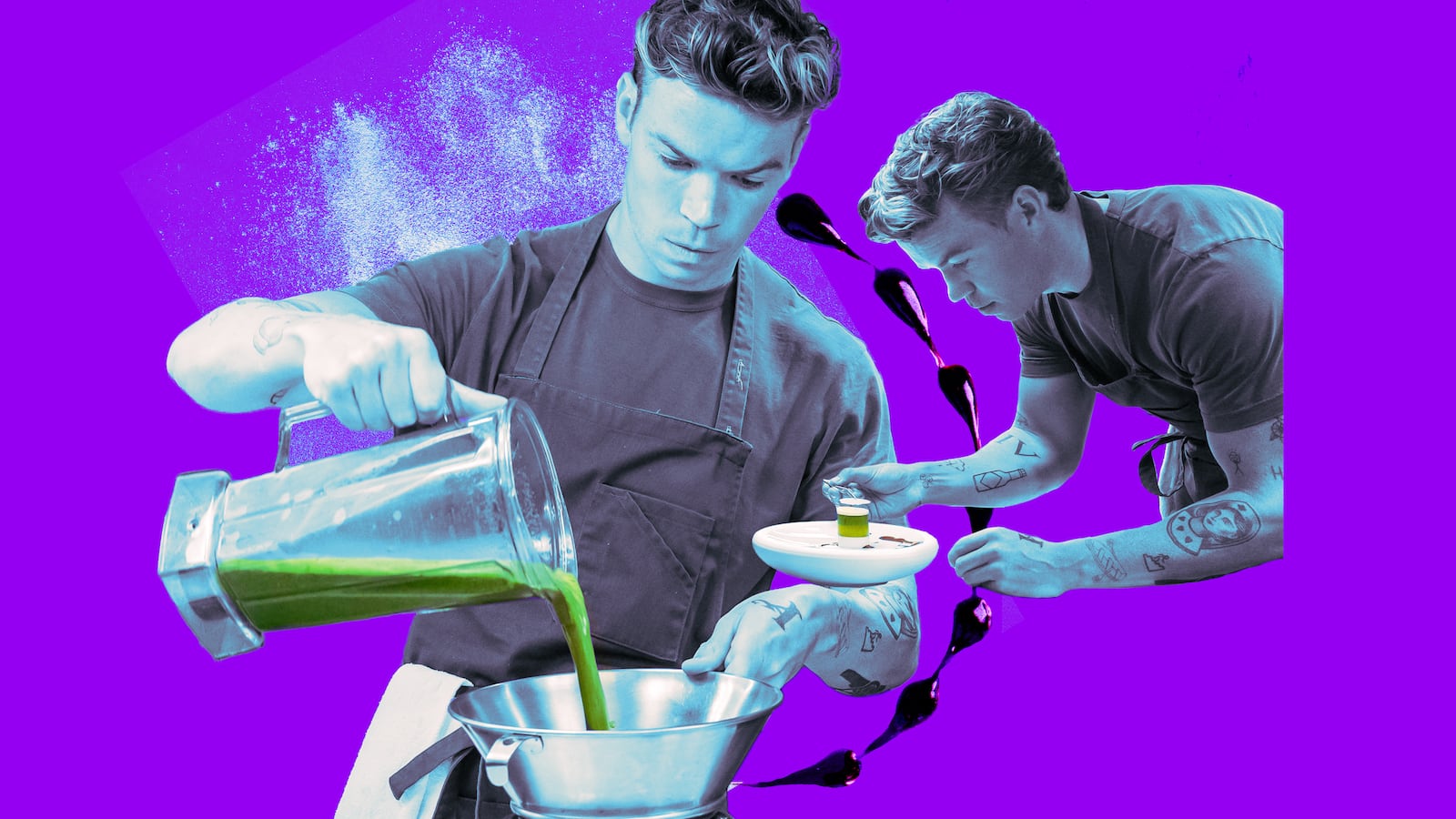 A photo composite of actor Will Poutler as a pastry chef in FX's The Bear Season 2.