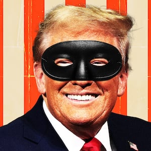 Donald Trump smiling with a black eye mask on a red and white stripe background