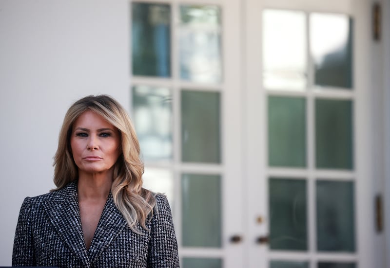 U.S. first lady Melania Trump stands by during the presentation (and pardoning) of the 73rd National Thanksgiving Turkey in the Rose Garden at the White House in Washington, U.S., November 24, 2020.