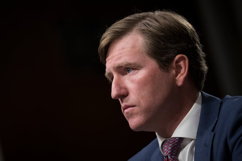 WASHINGTON, DC - OCTOBER 19: Christopher Krebs, senior official performing the duties of the under secretary for the National Protection and Programs Directorate in the Department of Homeland Security, testifies during a Senate Armed Services Committee hearing concerning the roles and responsibilities for defending the nation against cyber attacks, on Capitol Hill, October 19, 2017 in Washington, DC. Rob Joyce, the Trump administration's cybersecurity coordinator and member of the National Security Council, was invited to testify but did not appear at the hearing. Committee chairman Sen. John McCain (R-AZ) accused the White House of blocking Joyce's appearance before the committee. (Photo by Drew Angerer/Getty Images)