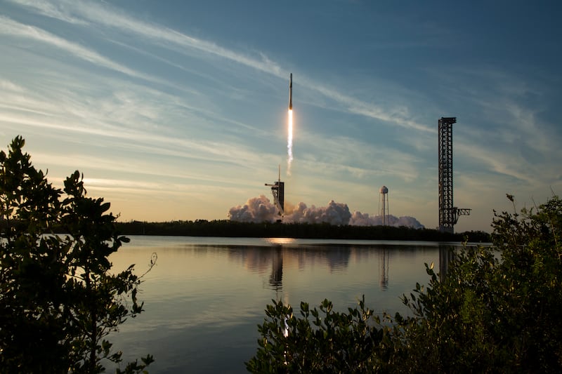 In this NASA handout, a SpaceX Falcon 9 rocket carrying the company's Dragon spacecraft for the Crew-10 mission to the International Space Station takes off at NASA's Kennedy Space Center on March 14, 2025 in Cape Canaveral, Florida.
