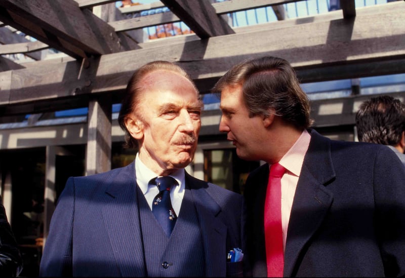 Fred Trump and Donald Trump at Wollman Rink in Central Park, apparently during a November 1986 celebration of rink's restoration. Donald John Trump (born 1946), American politician, media personality, and businessman who served as the 45th president of the United States from 2017 to 2021. (Photo by: Universal History Archive/Universal Images Group via Getty Images)