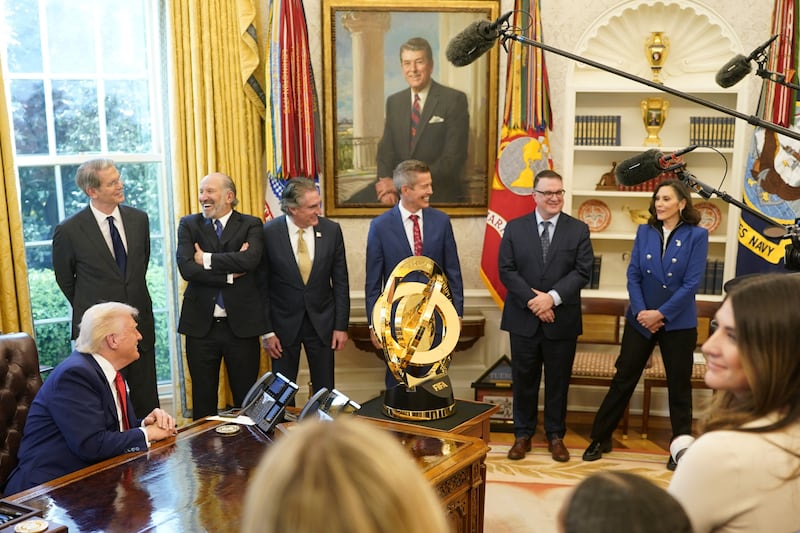 Michigan Governor Gretchen Whitmer speaks next to Michigan House Speaker Matt Hall, on the day U.S. President Donald Trump signs executive orders and proclamations, in the Oval Office at the White House in Washington, D.C., U.S., April 9, 2025. REUTERS/Nathan Howard