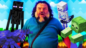 A photo illustration of Jack Black and characters from the Minecraft video game.