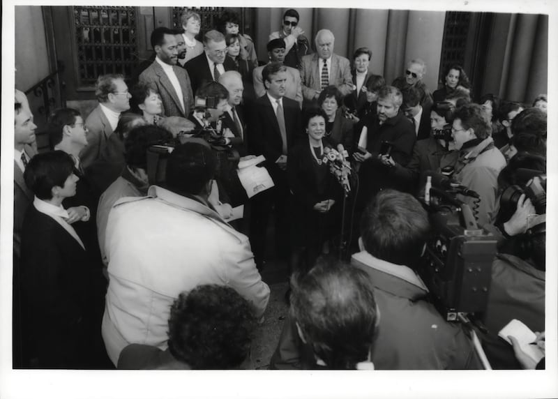 Albany, New York - Karen Burstein, candidate for state attorney general, is surrounded by reporters during a news conference on the steps of Albany City Hall, Tuesday afternoon. October 11, 1994 (Photo by John Carl D'Annibale /Albany Times Union via Getty Images Archive)