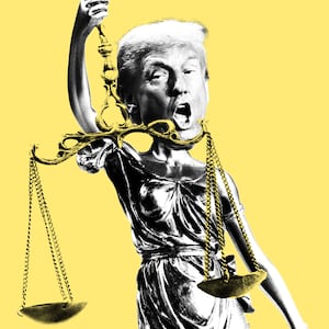 Donald Trump as Lady Justice on a yellow background